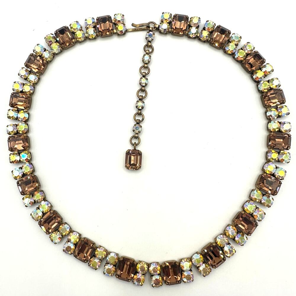 Austria signed 1950s vintage gold tone topaz brown AB glass rhinestones necklace
